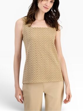 Kasper Women's Herringbone Square-Neck Top Sleeveless Tan NEW Size XL